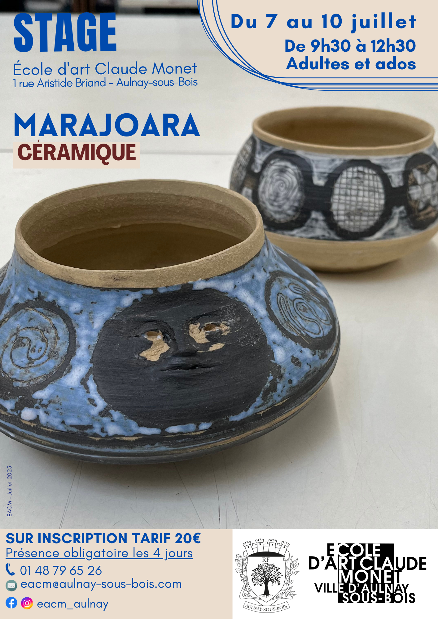 Stage de céramique Marajoara à l’École d’art Claude Monet, illustré par deux pièces en terre décorées.
