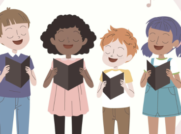 Illustration de quatre enfants chantant joyeusement en chœur, partitions en main, entourés de notes de musique