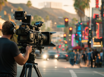 Cameraman filmant une scène urbaine animée en soirée, avec enseignes lumineuses et collines en arrière-plan