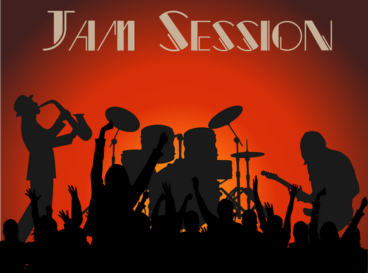 Silhouettes de musiciens jouant en concert devant un public enthousiaste, avec l’inscription 'Jam Session' en haut de l’image