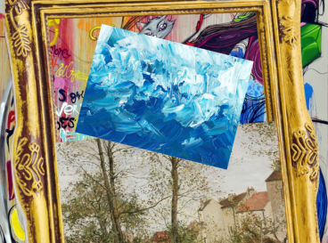 Cadre doré contenant trois styles de peinture superposés : paysage classique, peinture abstraite bleue et fond graffiti coloré