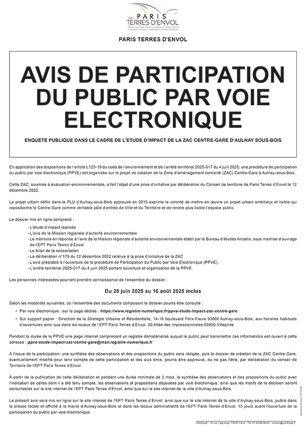 Enquête publique dans le cadre de l’étude d’impact de la ZAC CENTRE-GARE D’AULNAY SOUS-BOIS