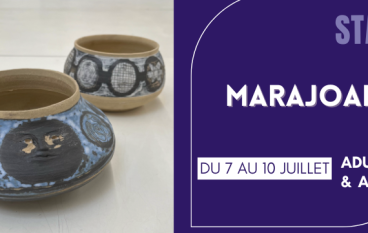 Stage "MARAJOARA" – Céramique pour adultes et ados, du 7 au 10 juillet. Deux urnes décorées en terre illustrent le visuel.