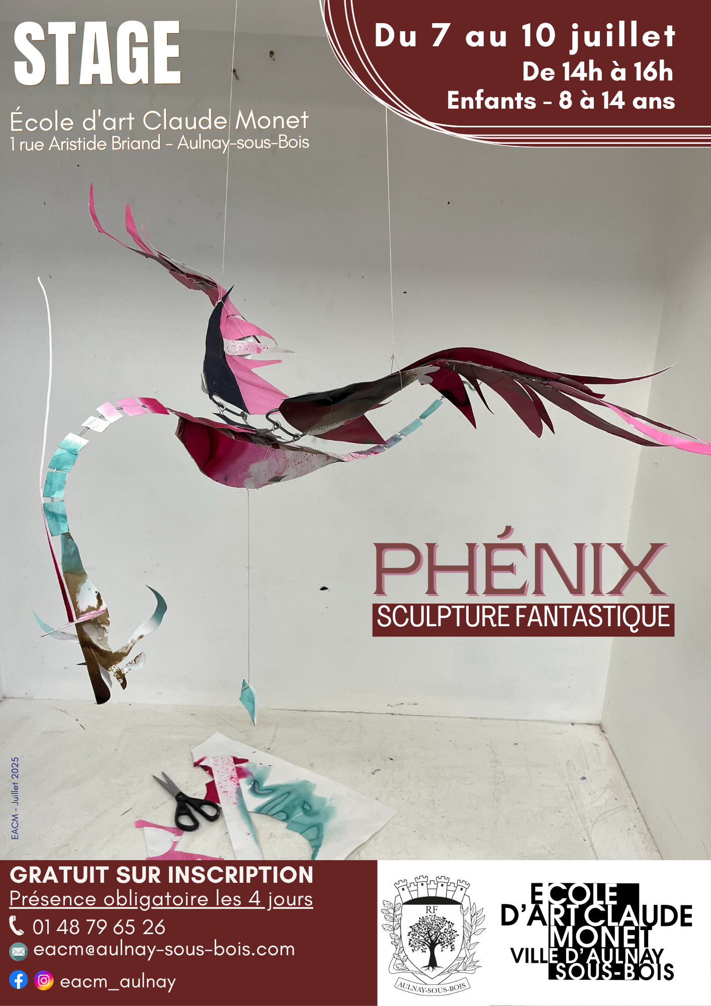 Affiche du stage "Phénix – Sculpture fantastique" à l’École d’art Claude Monet, illustrée par une sculpture suspendue en papier coloré.