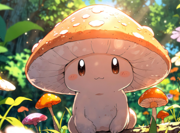 Petit champignon dessiné façon manga avec un visage mignon, assis dans une clairière ensoleillée