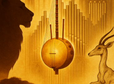 une kora au centre d’un décor africain avec un lion, une gazelle et des orgues en arrière-plan
