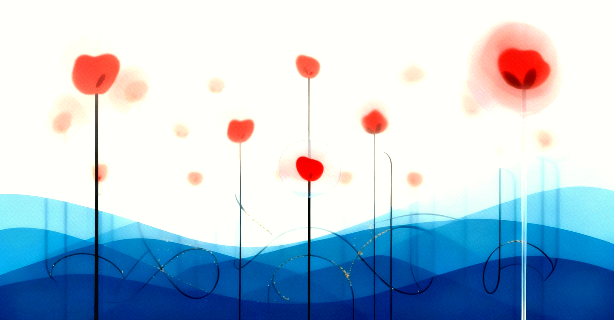 fleurs sur vagues bleues