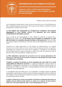 >> Information au parents d'élèves : CANICULE : dans l'attente des décisions de l'Éducation Nationale, la ville assure l'accueil de tous les élèves